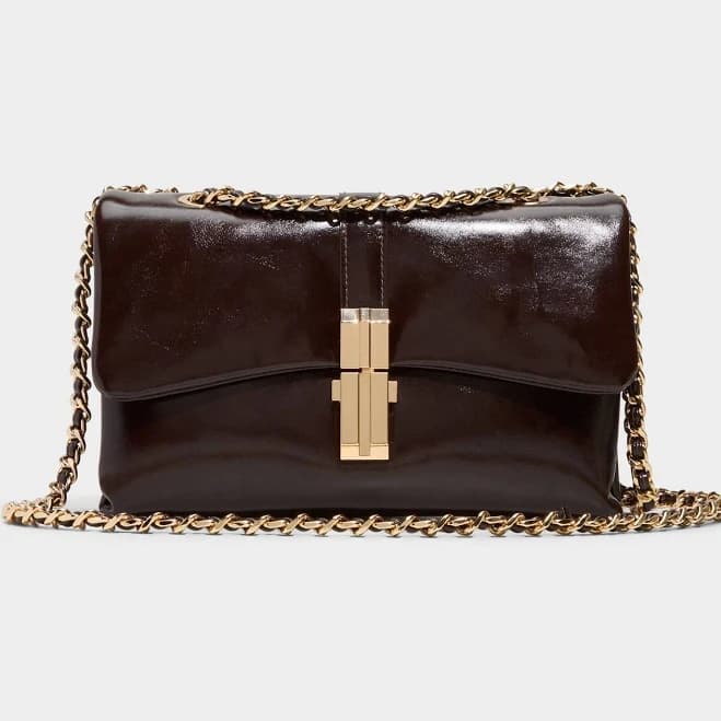 A dark brown leather shoulder bag on a chain strap