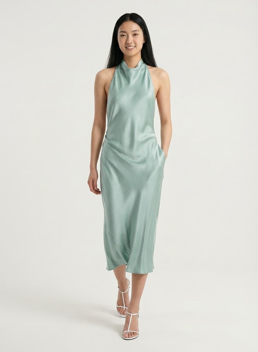 The same sage satin dress, on the second woman