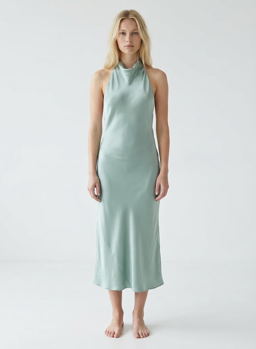 The same sage satin dress, on the first woman