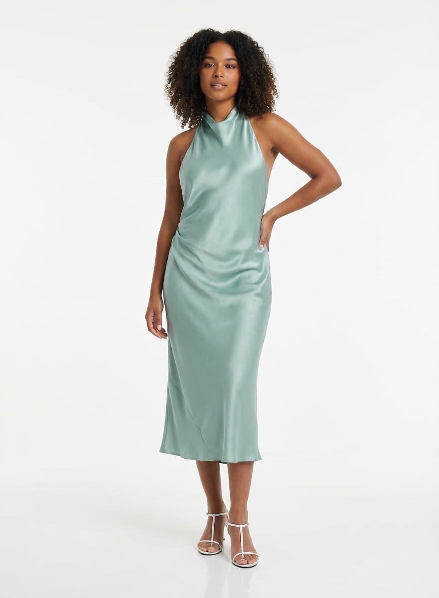 The same sage satin dress, on the third woman