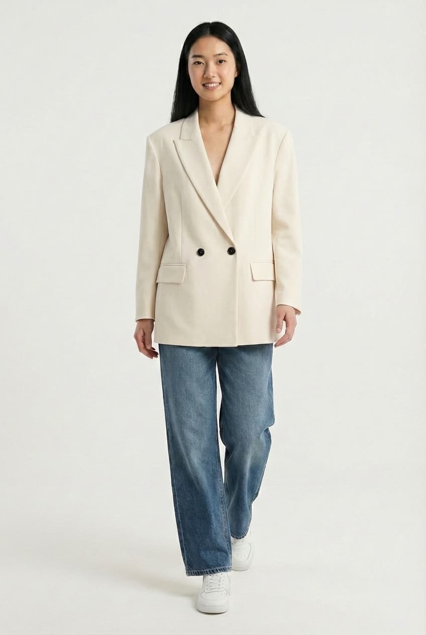 The same cream blazer, on the second woman