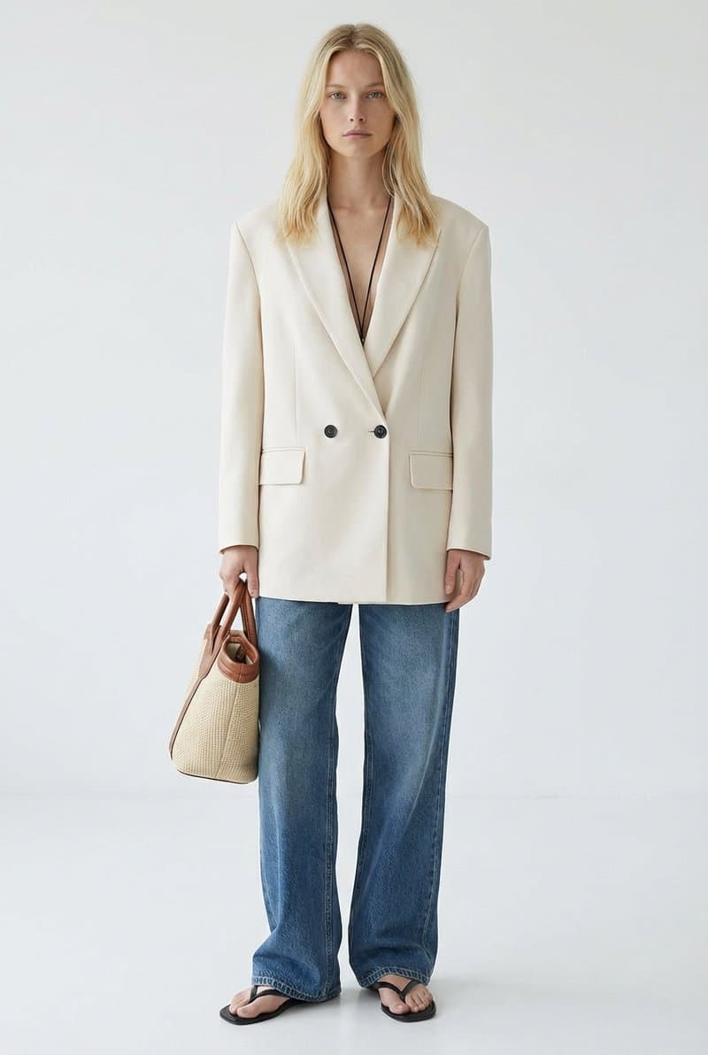 The same cream blazer, on the first woman
