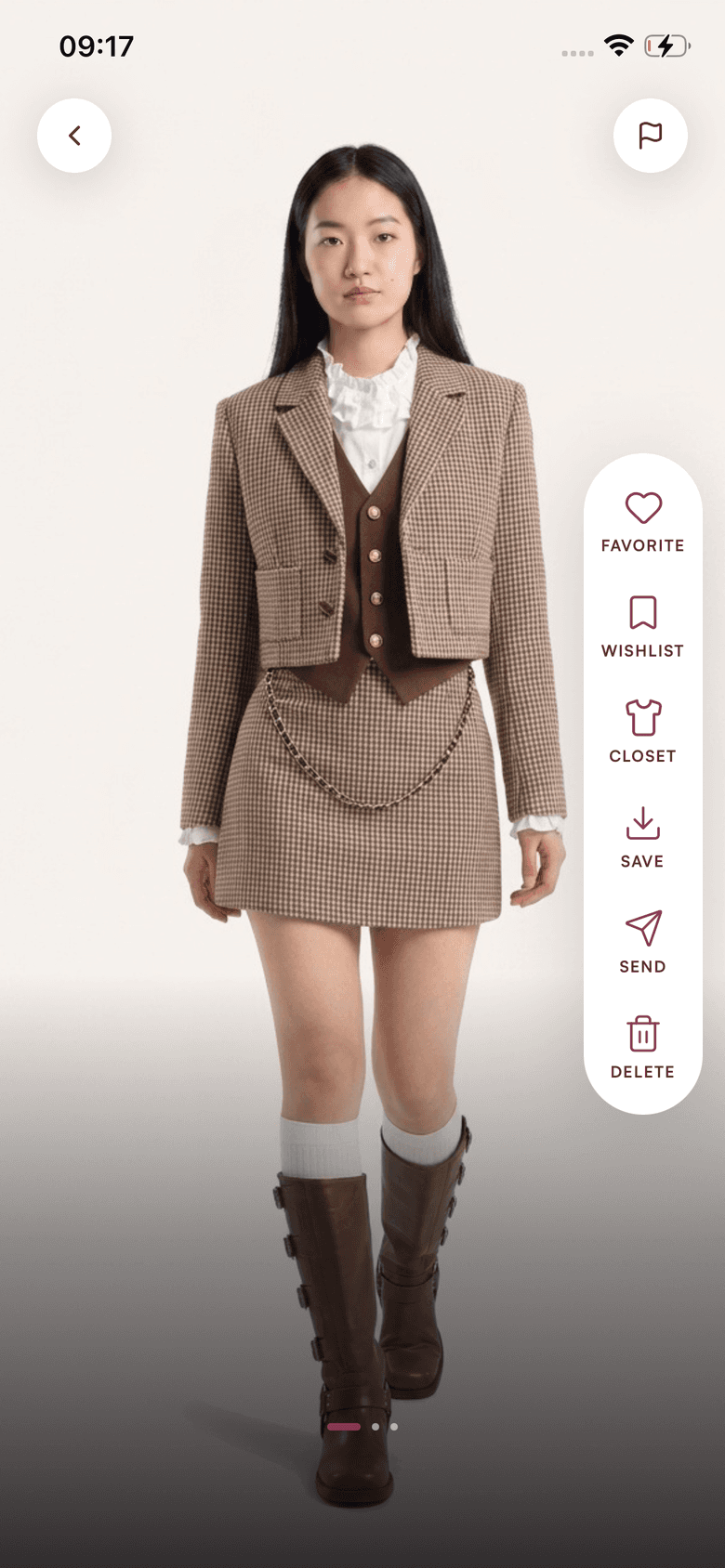 The Looksi try-on result screen: a model wearing a scanned outfit, with favorite, wishlist, closet, save and send actions beside her.